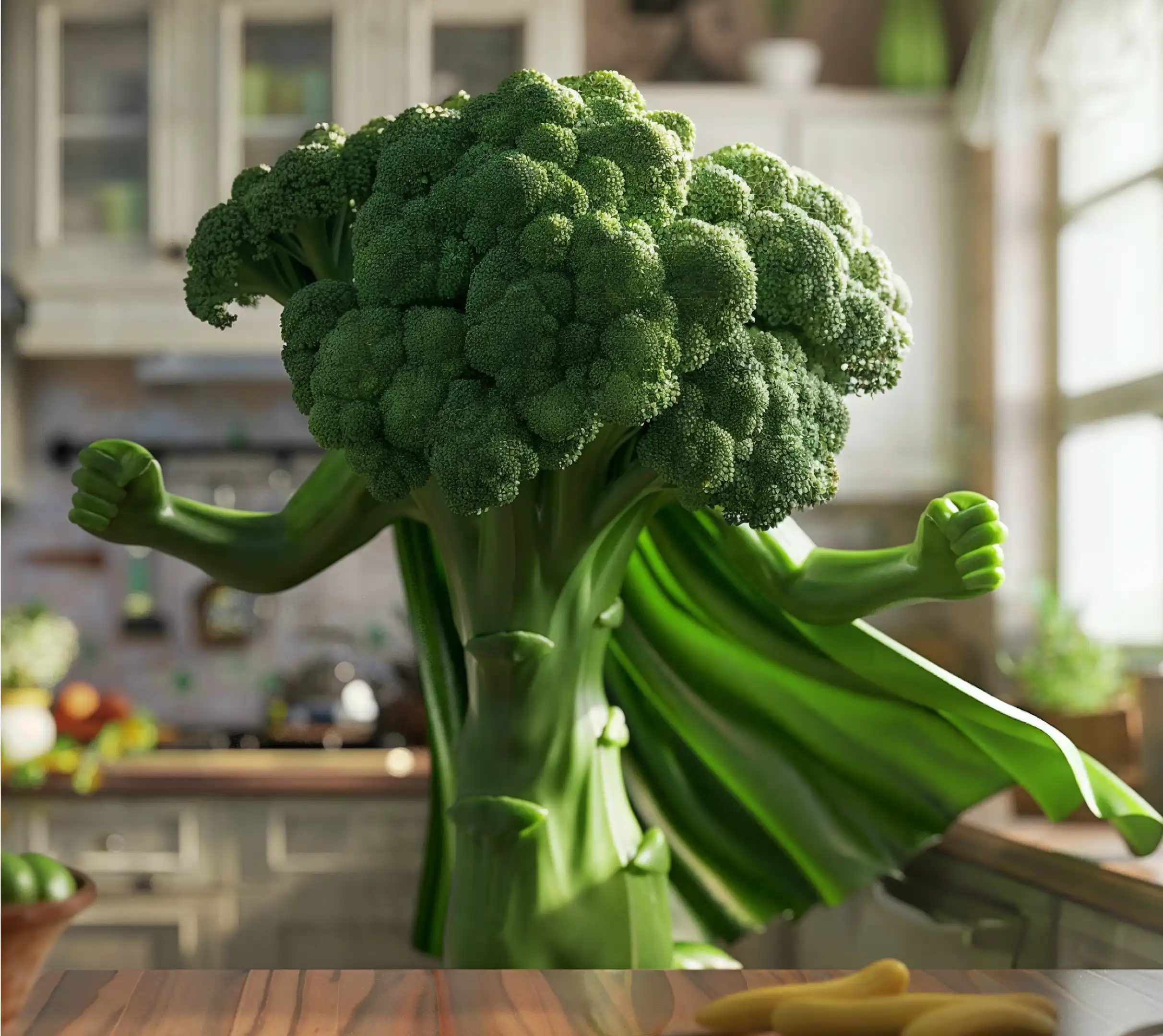 Broccoli with human-like arms flexing in a kitchen setting.