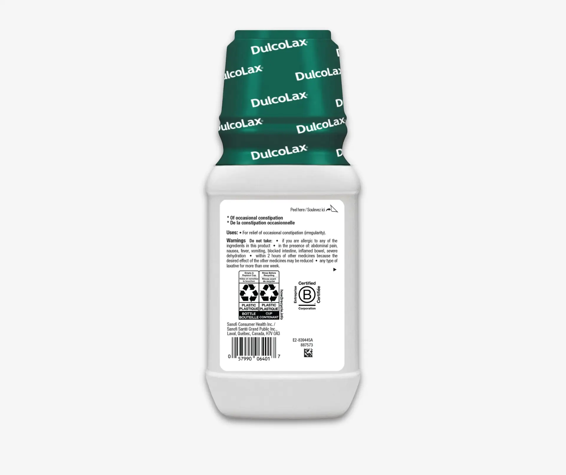 Back of pack of DulcoLax Liquid