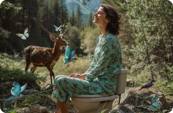 A woman in pajamas sits joyfully on an outdoor toilet surrounded by butterflies and a deer.