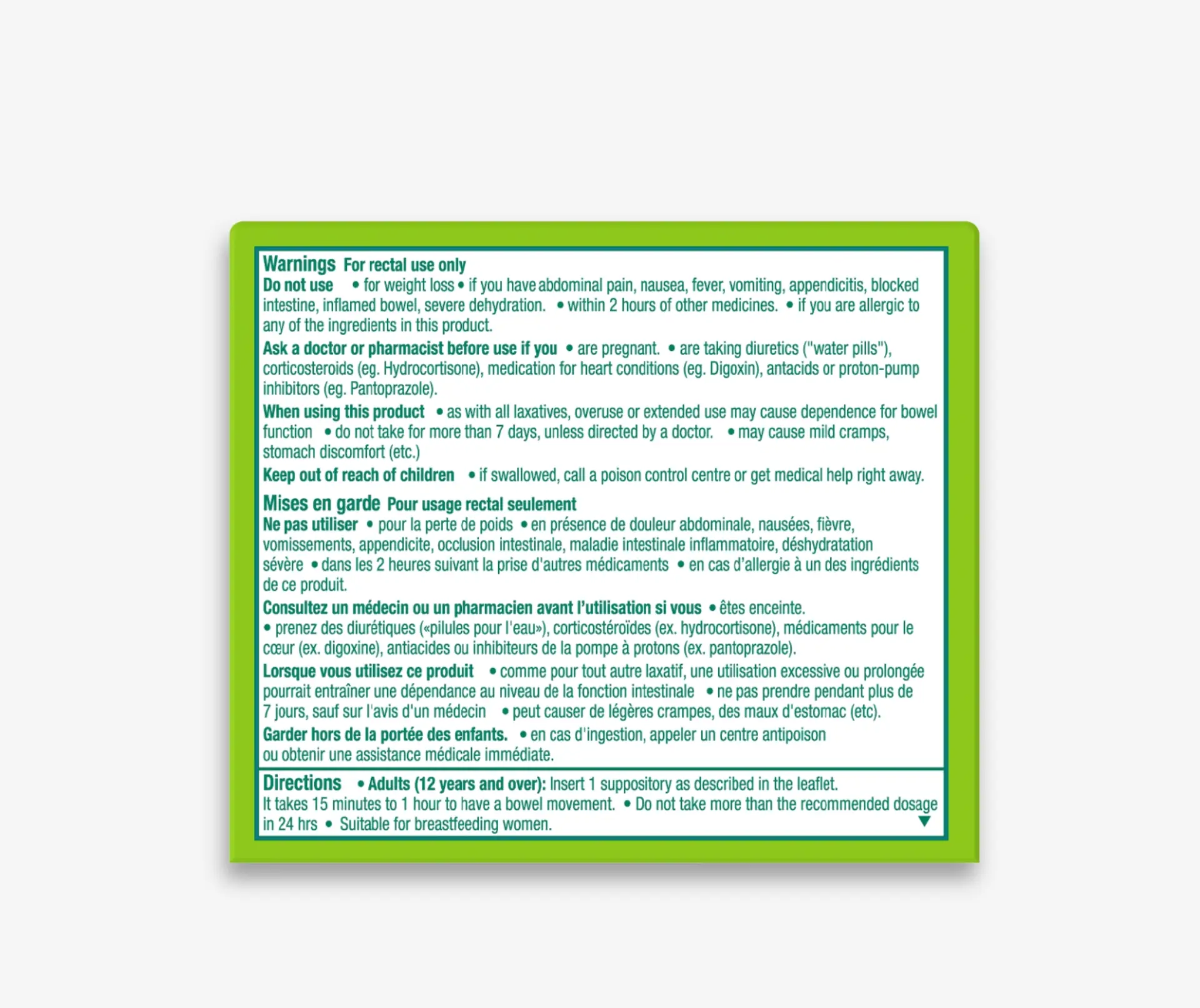 Dos de l’emballage des suppositoires DulcoLax