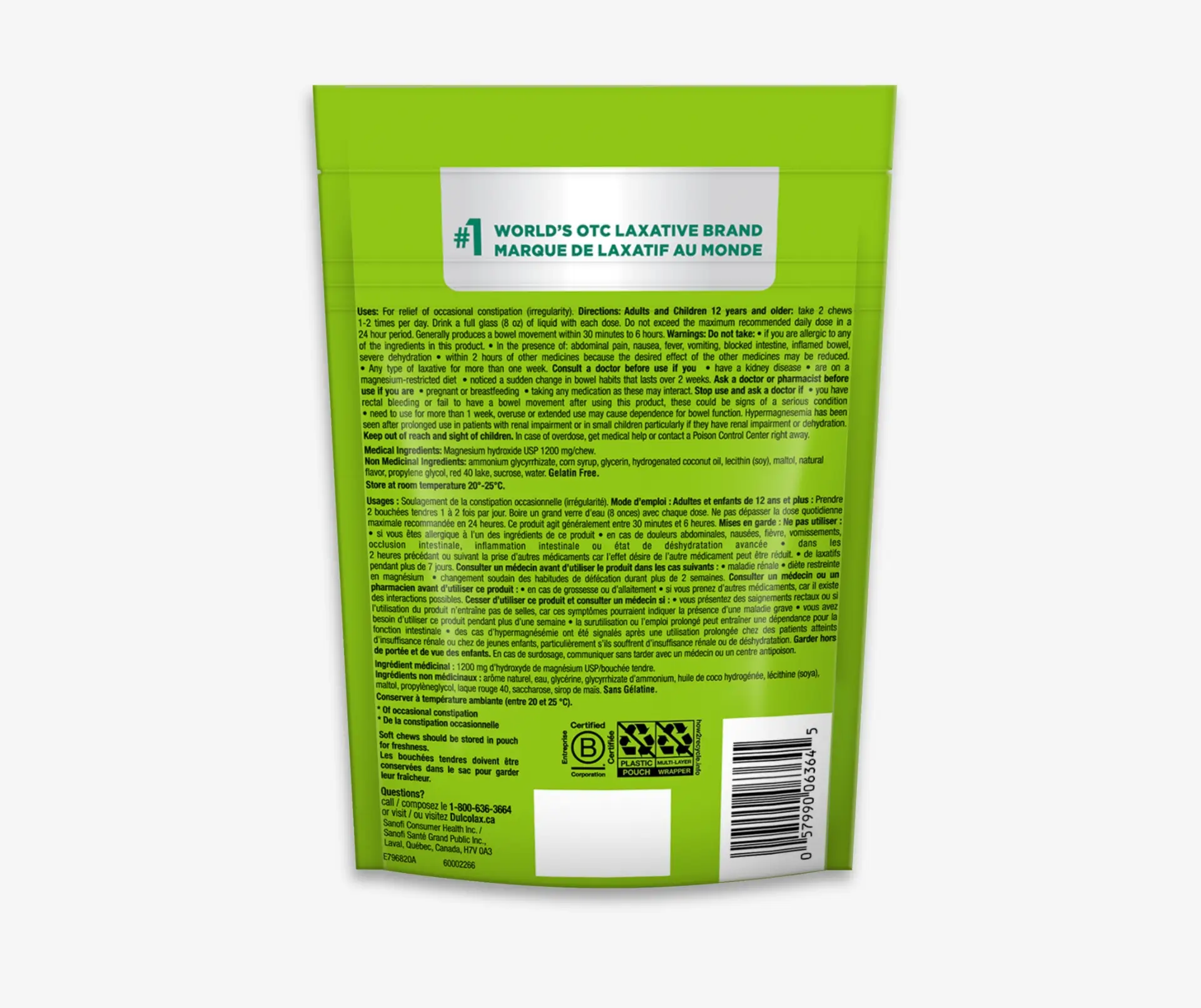 Dos de l’emballage des DulcoLax Soft Chews
