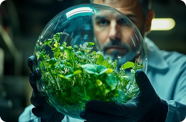 A scientist examines a glass sphere containing green plants.