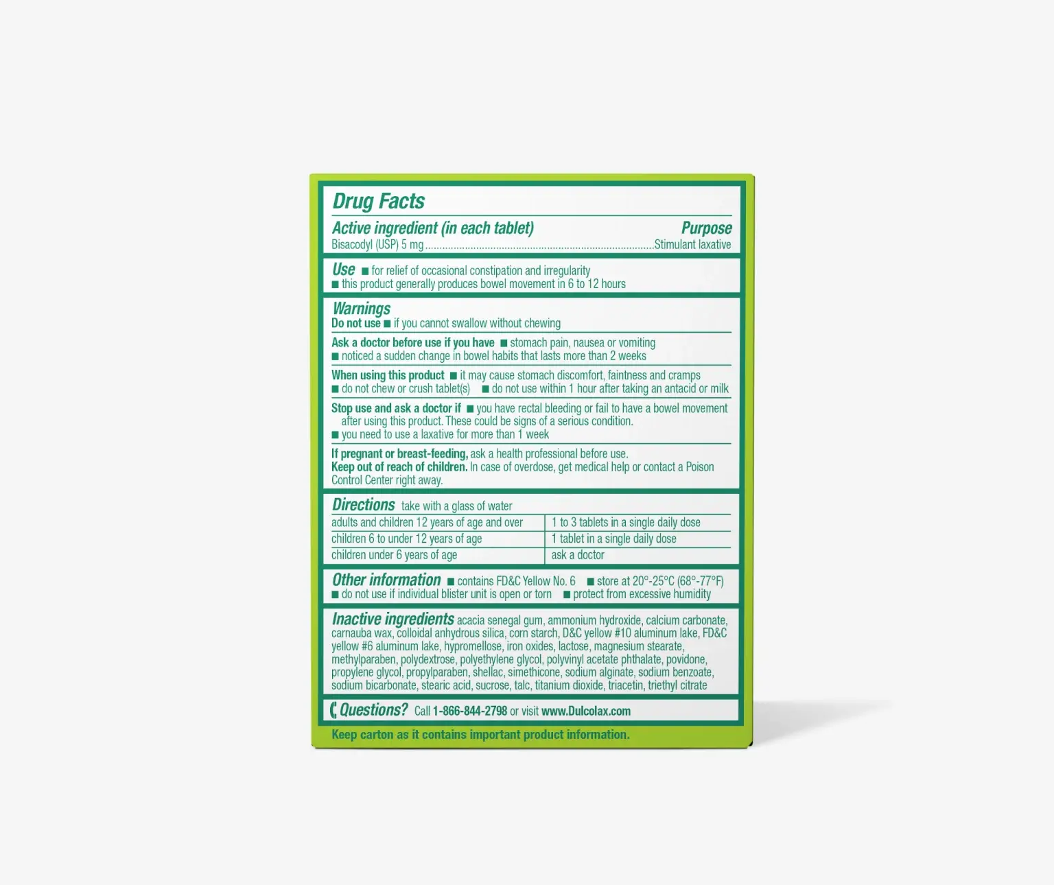 Drug facts label for a stimulant laxative, detailing usage, warnings, directions, and ingredients.
