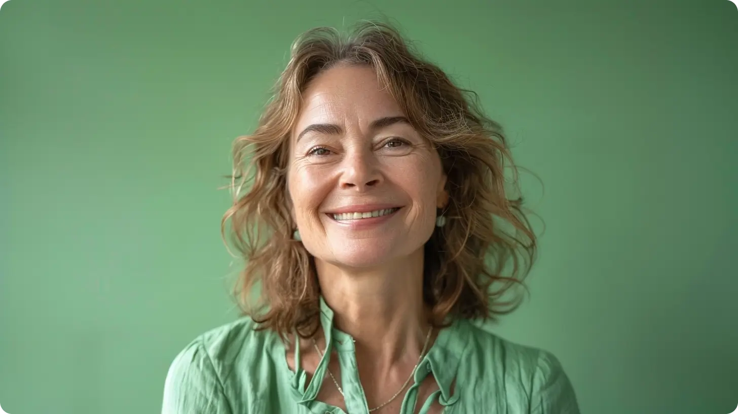Smiling woman with wavy hair wearing a green blouse against a matching green background.
