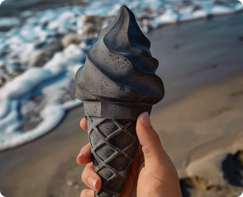 Hand holding a black ice cream cone near the ocean.