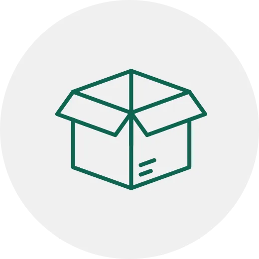 Open cardboard box icon inside a circle.