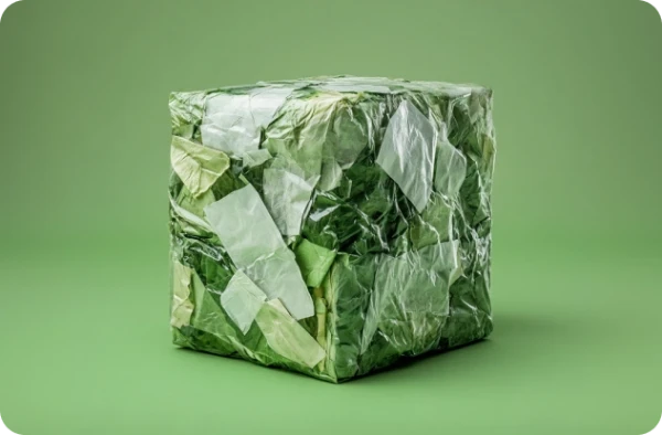Cube-shaped package of leafy greens wrapped in plastic on a green background.