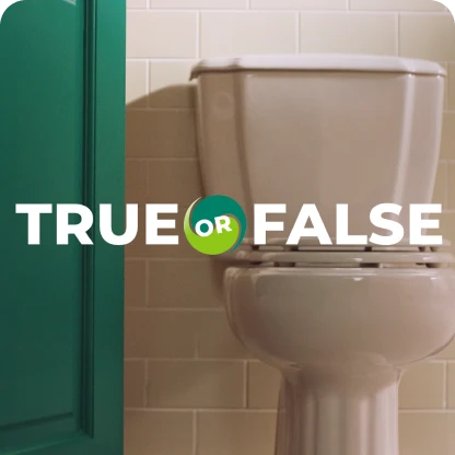 Text "True or False" overlaid on an image of a toilet with a green stall door.